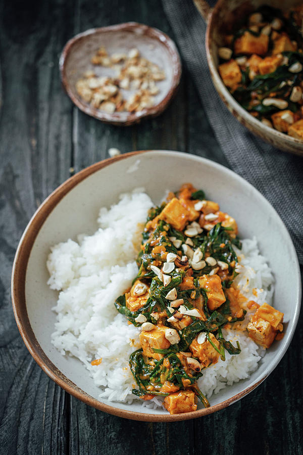 Tofu Spinach Curry With Basmati Rice And Cashews Photograph by Kate Prihodko