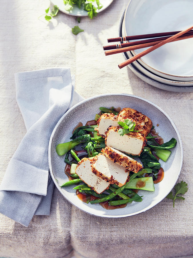 Tofu With A Nut Crust With Bok Choy, Green Beans And Soy Sauce Photograph by Thorsten Kleine Holthaus