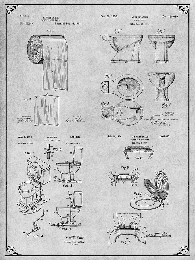 Toilet Inventions Gray Patent Print Drawing by Greg Edwards