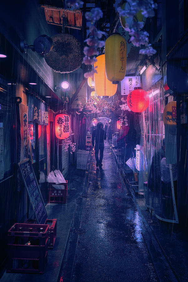 Lamp Photograph - Tokyo Blue Rain by Javier De La