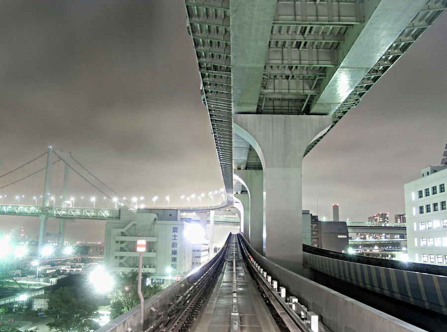 Tokyo Monorail At Night With Rainbow Photograph by Michael Duva