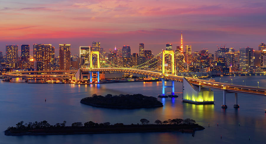 Tokyo Rainbow bridge in night time  Photograph by Anek Suwannaphoom