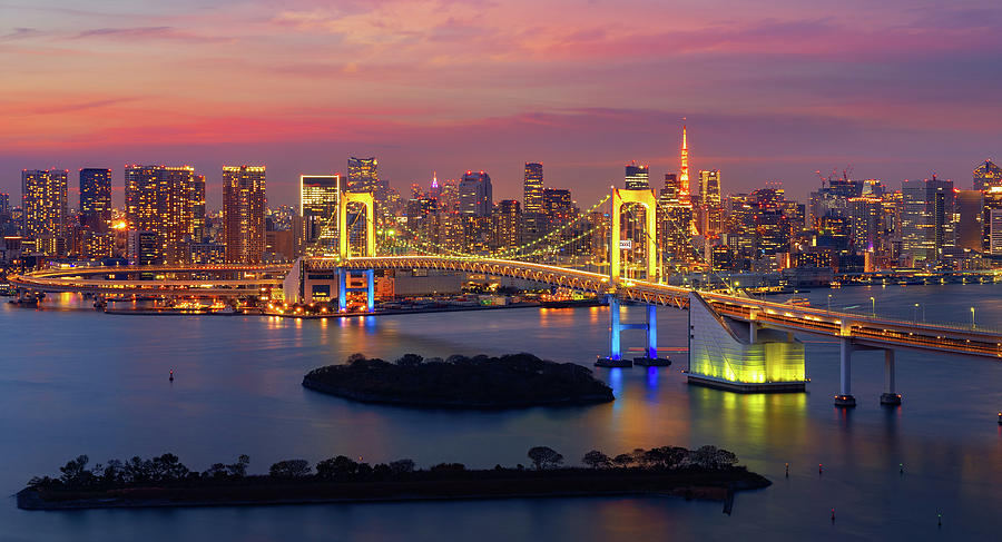 Tokyo Rainbow Bridge In Night Time Photograph By Anek Suwannaphoom