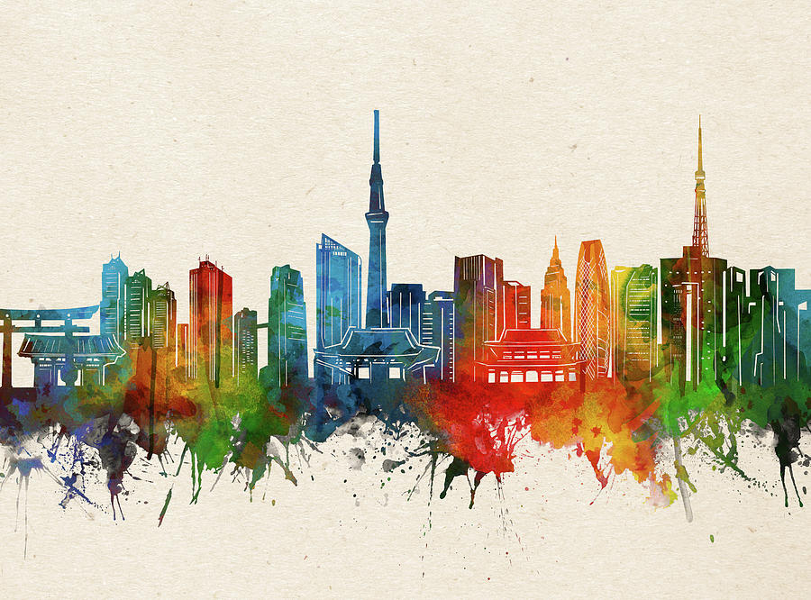 Tokyo Skyline Watercolor Digital Art