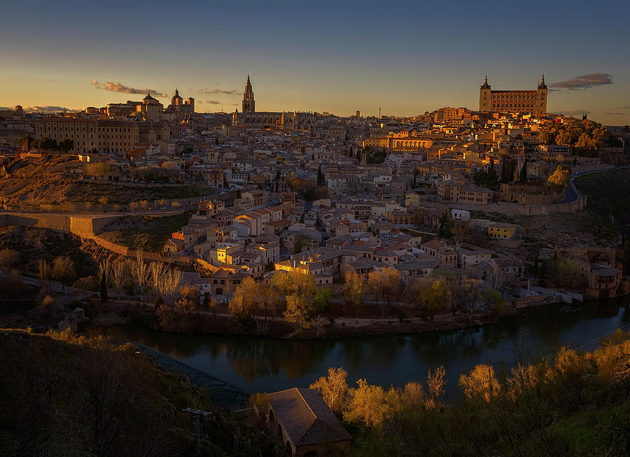 Toledo Photograph - Toledo Spain Cityscape at Dusk by Joan Carroll