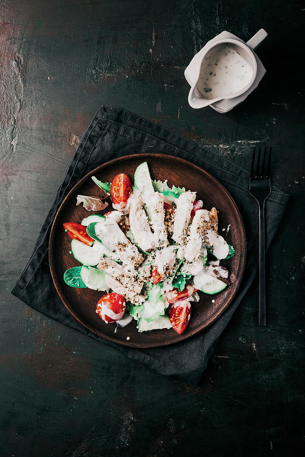 Tomato And Cucumber Salad With Chicken, Hemp Seeds And Yoghurt Dressing Photograph by Valeria Aksakova