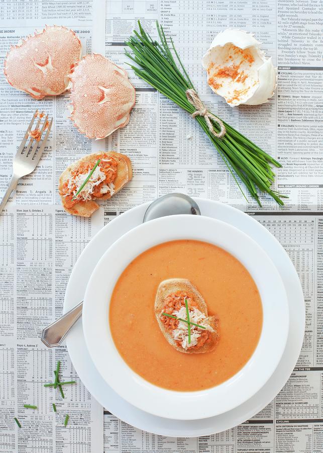 Tomato And Fennel Soup Garnished With Crab Toast And Chives Photograph by Jane Saunders