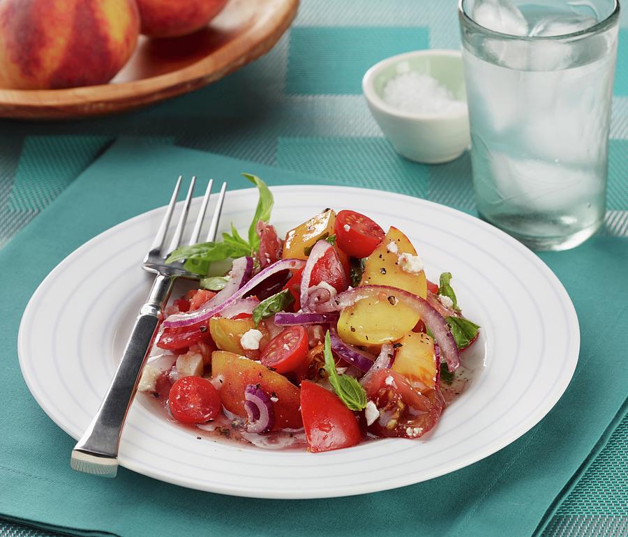 Tomato And Peach Salad With Feta Cheese And Red Onions Photograph By ...