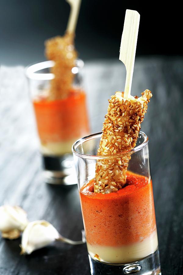 Tomato And Pepper Dip With Prawn And Sesame Skewers Photograph by Gastromedia
