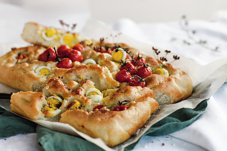 Tomato And Quail Egg Focaccia Photograph by Giedre Barauskiene