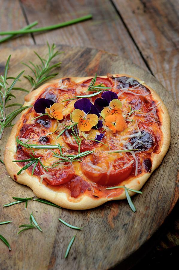 Tomato, Cheddar, Rosemary And Pansy Pizza Photograph by Keroudan