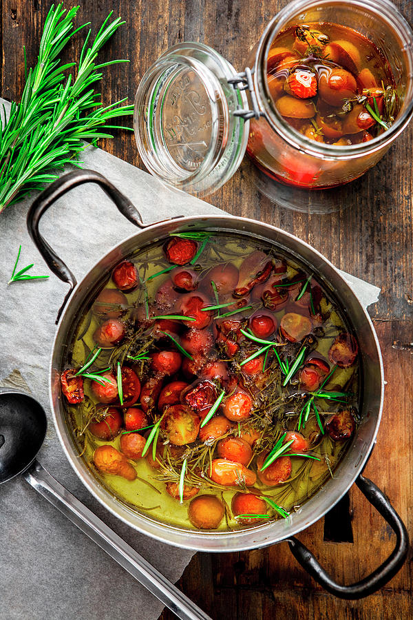 Tomato Confit In A Pan And A Jar Photograph by Sandra Krimshandl-tauscher