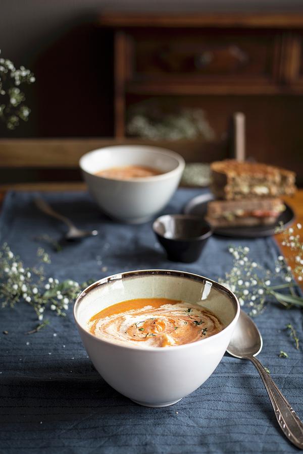 Tomato Cream Soup And A Grilled Cheese Sandwich Photograph by Eva Lambooij