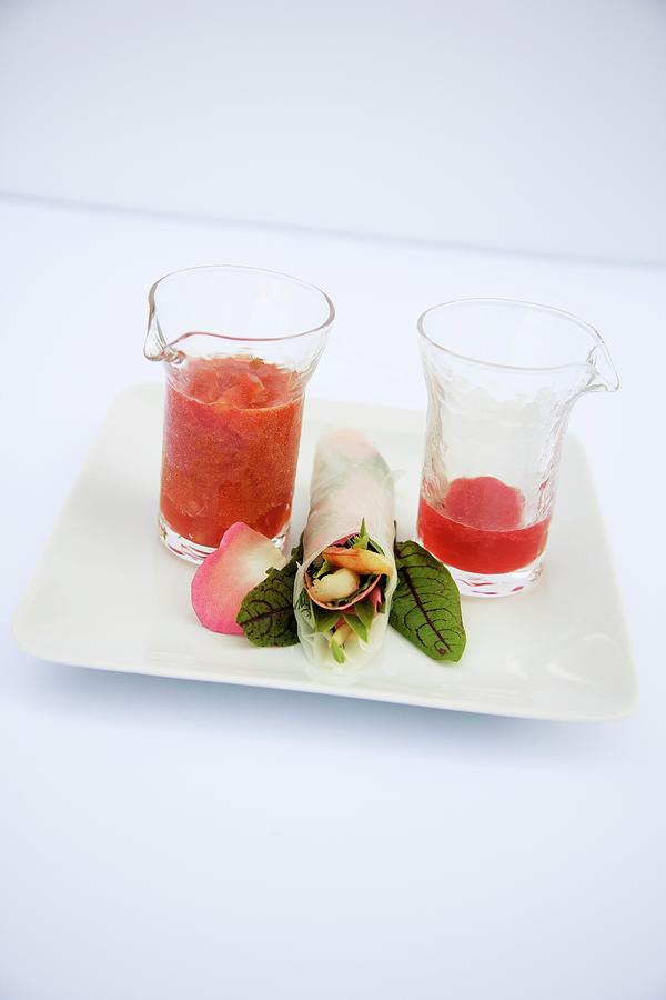 Tomato Gazpacho With Rosewater And A Summer Roll With A Rose Dip Photograph by Michael Wissing