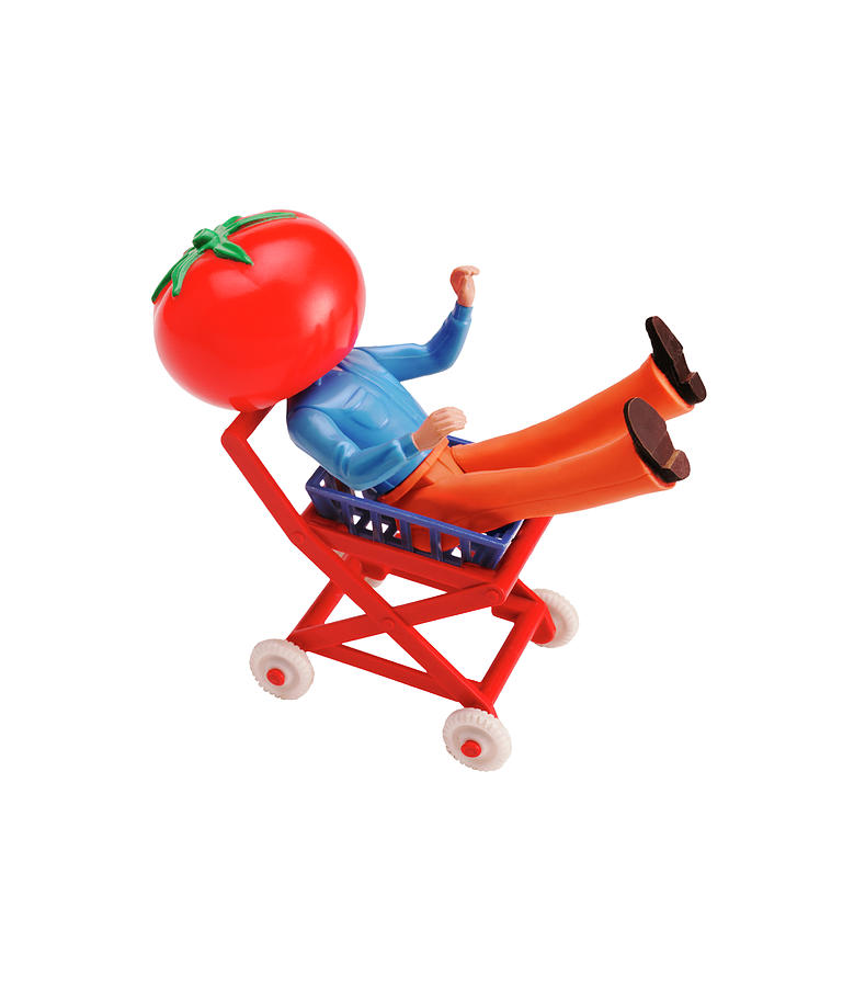 Tomato Drawing - Tomato Head Man in Shopping Cart by CSA Images
