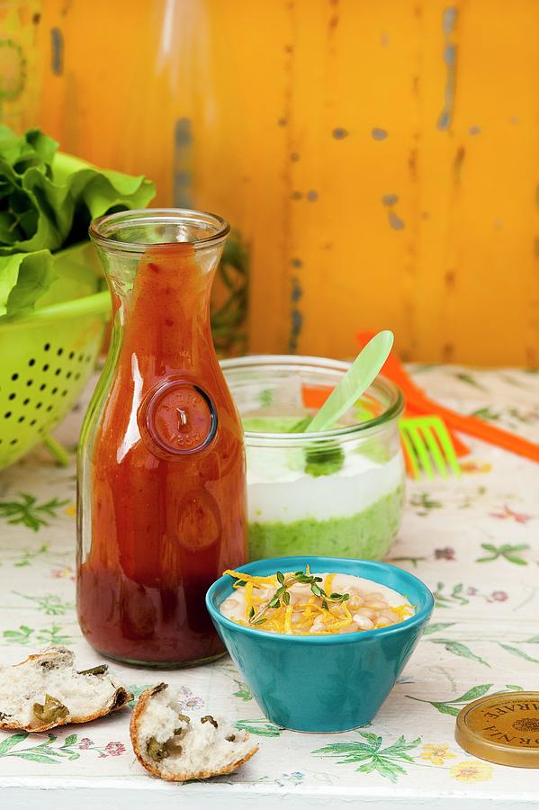 Tomato Ketchup With Chilli, A Lemon And Bean Paste, And Pea And Mint Yoghurt Photograph by Manuela Rther
