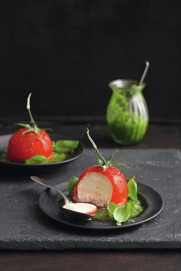 Tomato Mousse Coated In Jelly With Basil Pesto Photograph by Jalag / Mathias Neubauer