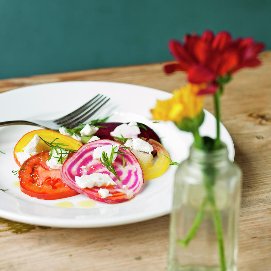 Tomato, Red Onion And Beetroot Salad, With Goats Cheese And Dill Photograph by Clive Sherlock