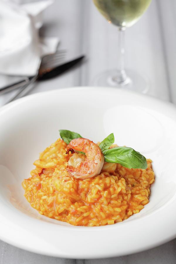 Tomato Risotto With Prawns And Basil Photograph by Ernalbant, Emel