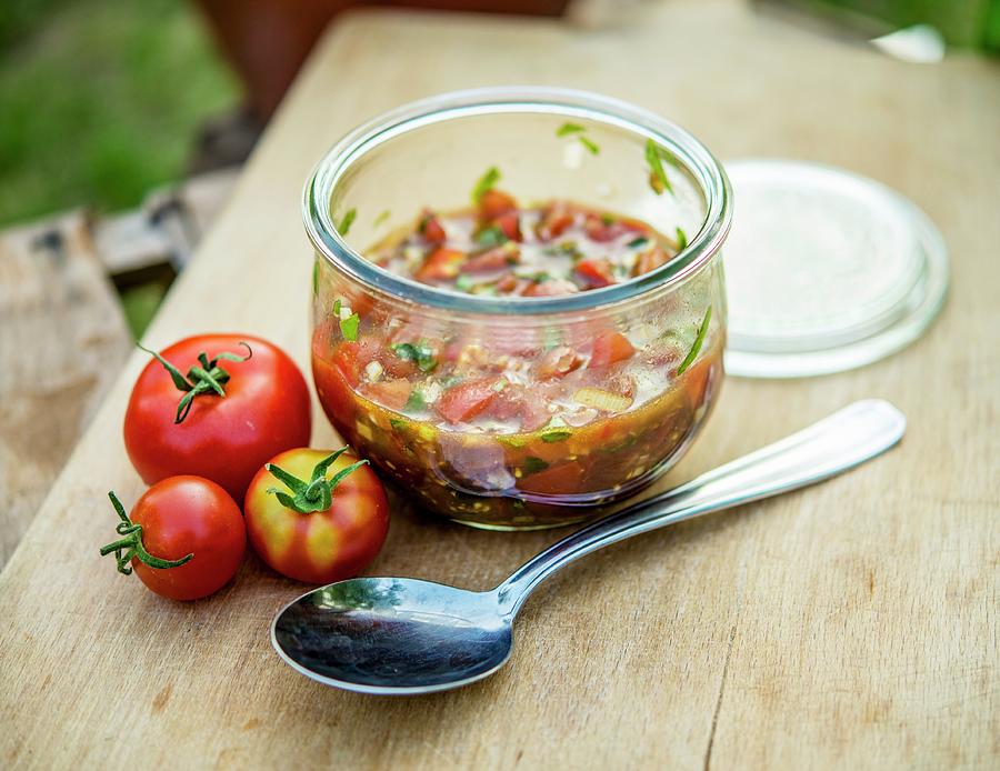 Tomato Salsa In A Glass Photograph by Sebastian Schollmeyer