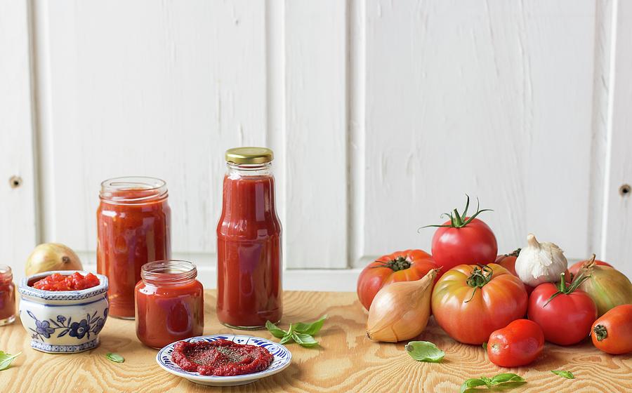 Tomato Sauce And Ingredients tomatoes, Garlic, Onions And Basil Photograph by Zuzanna Ploch
