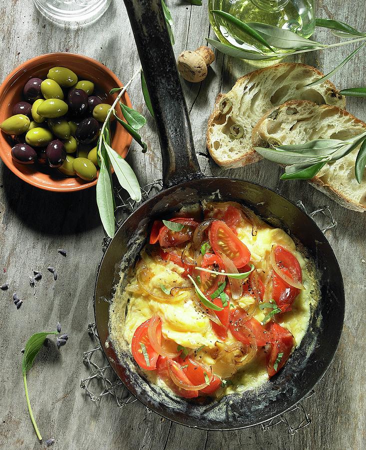Tomato Scrambled Eggs With Onions, Black And Green Olives, Olive Oil, An Olive Spring, Olive Ciabatta And Lavender Photograph by Brigitte Wegner