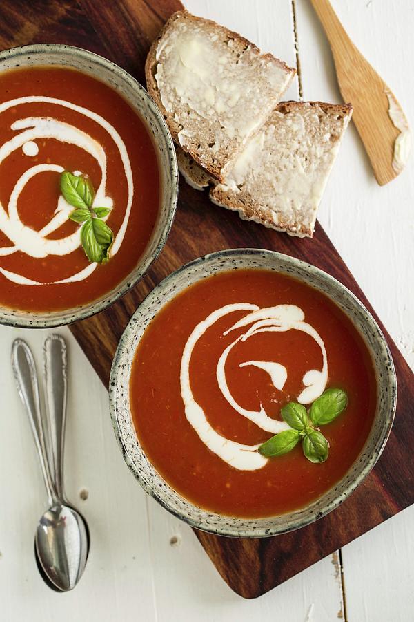 Tomato Soup With Cherry, Crme Frache And Basil Photograph by Nicole Godt