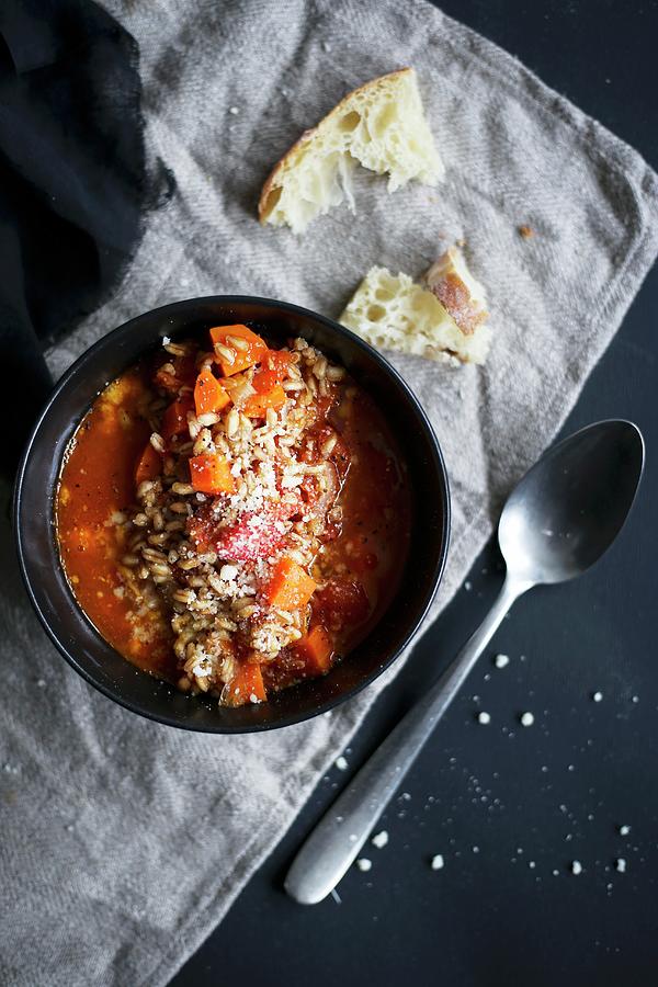 Tomato Soup With Farro, Carrot And Parmesan Cheese Photograph by Eva Lambooij