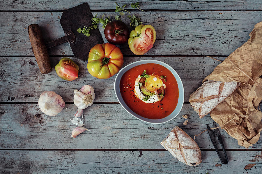 Tomato Soup With Heritage Heirloom Tomatoes, Cream, Baby Basil, Cracked Black Pepper And Garlic And Rustic Bread Photograph by Random Chair