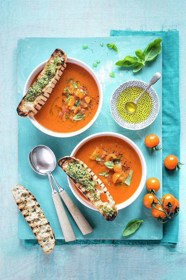Tomato Soup With Salsa And Grilled Bread With Basil Pesto, View From Above Photograph by Magdalena Hendey