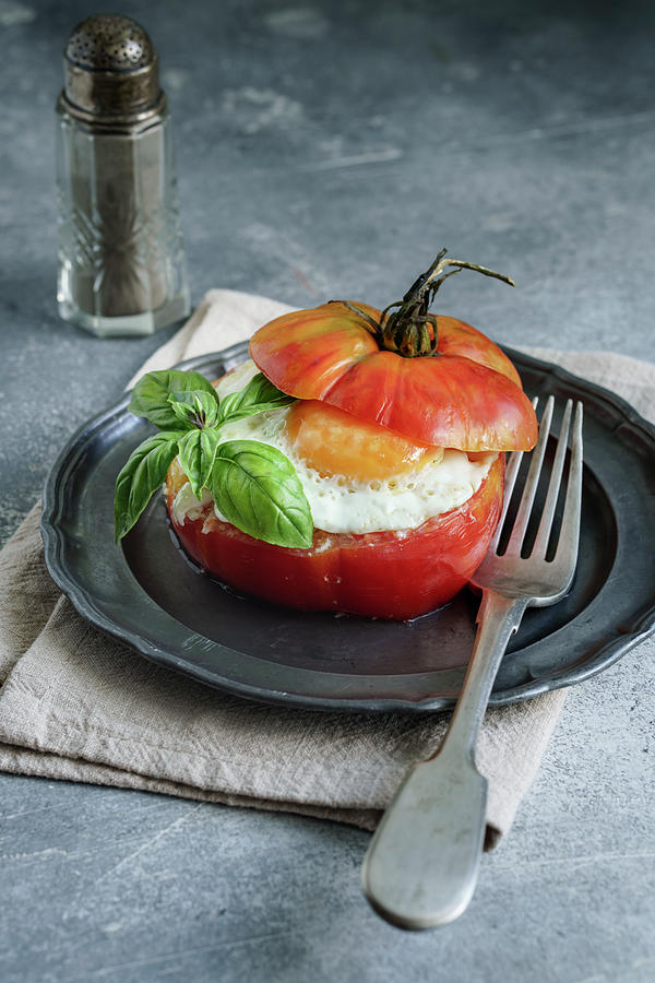 Tomato Stuffed With Pesto Rice And Egg Photograph by Andrey Maslakov