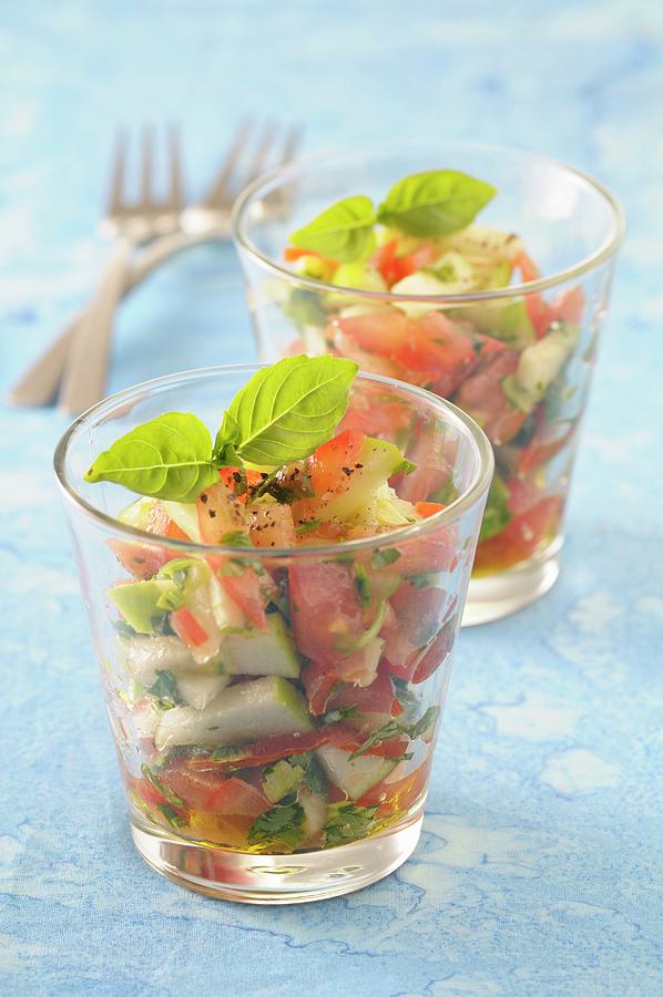 Tomato Tartare With Apple, Pesto And Basil In Glasses Photograph by Jean-christophe Riou