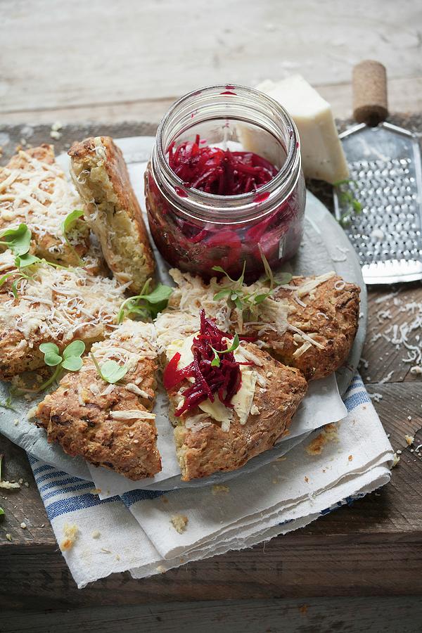 Tomme, Baby Marrow And Roasted Garlic Scones With Beetroot And Mustard Pickle Photograph by Great Stock!
