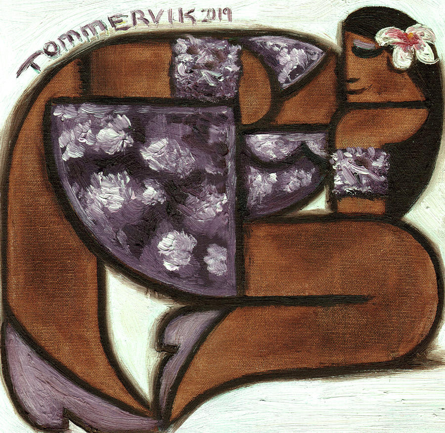 Tommervik Hawaiian Woman Wearing Purple Flower Dress Art Print Painting by Tommervik