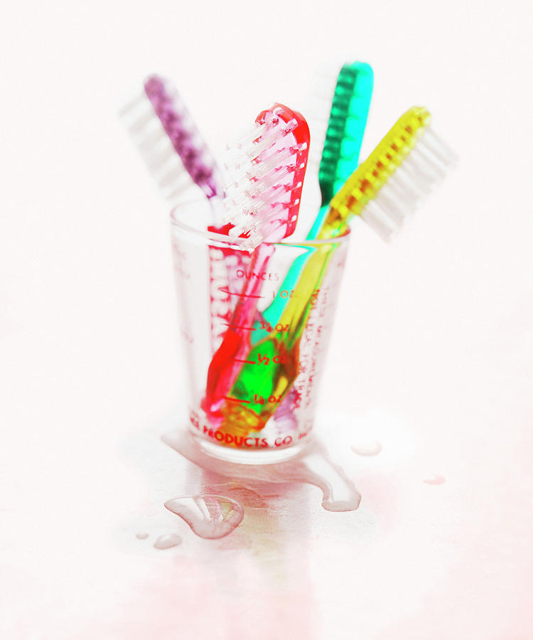 Vintage Drawing - Toothbrushes in Glass by CSA Images