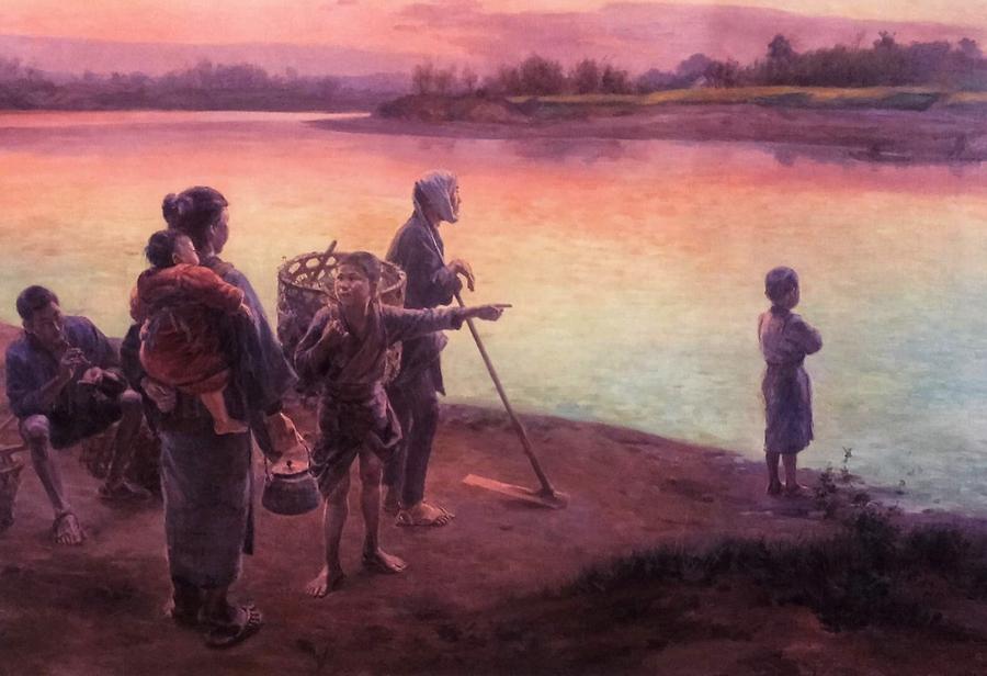 Sunset Painting - Top Quality Art - Evening at Ferry Crossing by Wada Eisaku