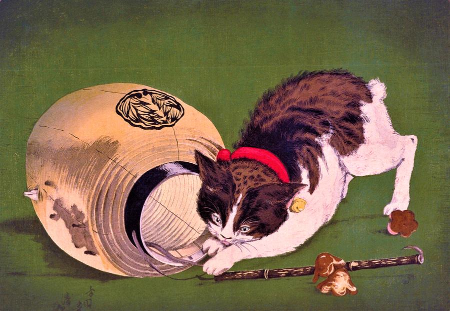 Animal Painting - Top Quality Art - Lantern and Cat by Kobayashi Kiyochika
