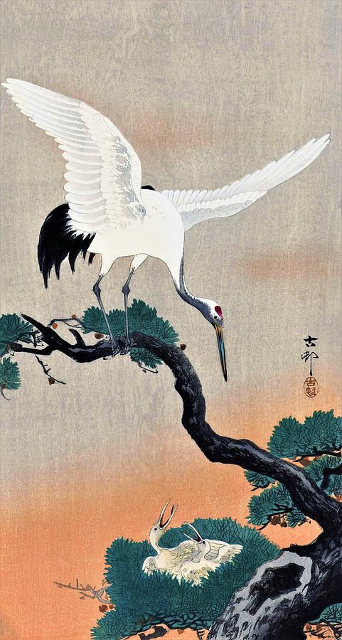 Crane Painting - Top Quality Art - Pine tree and Crane by Ohara Koson
