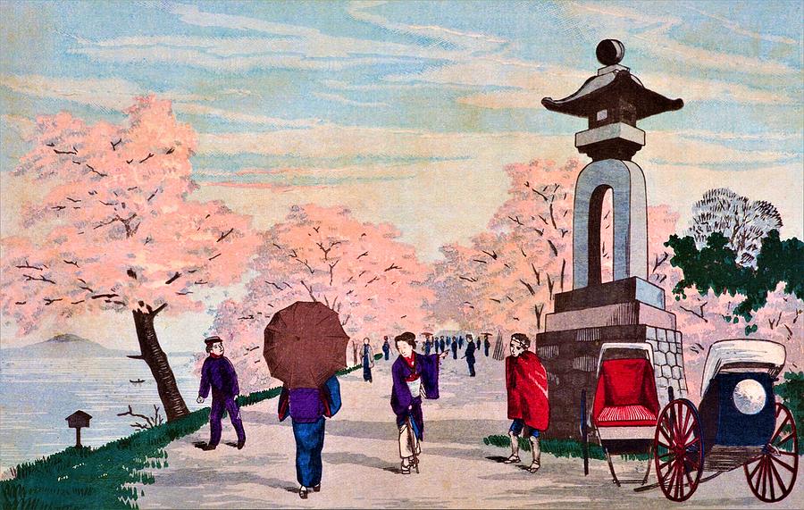 Paradise Painting - Top Quality Art - Sumida river cherry blossom viewing by Kobayashi Kiyochika