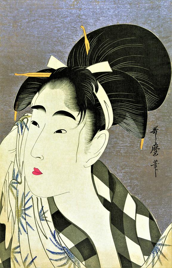 Cool Painting - Top Quality Art - Woman wiping sweat by Kitagawa Utamaro