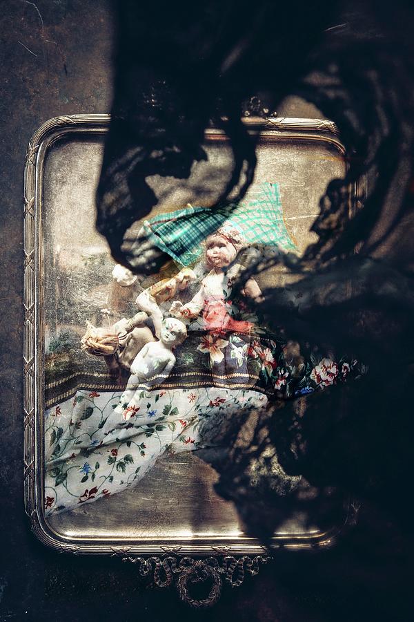 Top View Of Black Lace Cloth And Various Antique Dolls On Silver Tray Photograph by Elisabeth Von Plnitz-eisfeld