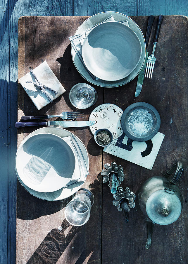 Top View Of Rustic Place Setting With Knick-knacks Photograph by Colin Cooke