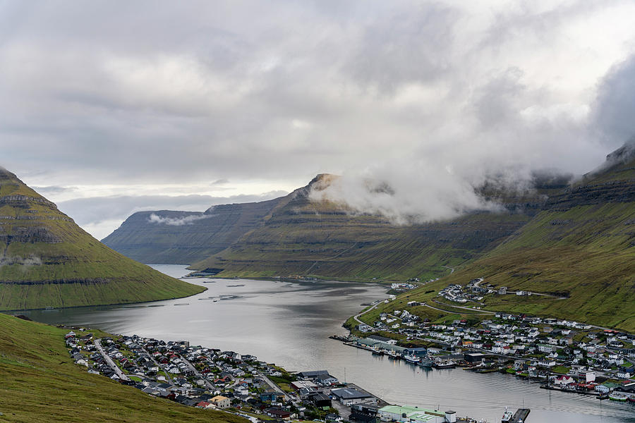 Top View Of The Town And Fjord Of Klaksvík, Faroe Islands. Photograph 