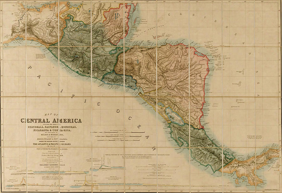 Topographic Map of Central America - 1850 Painting by Unknown