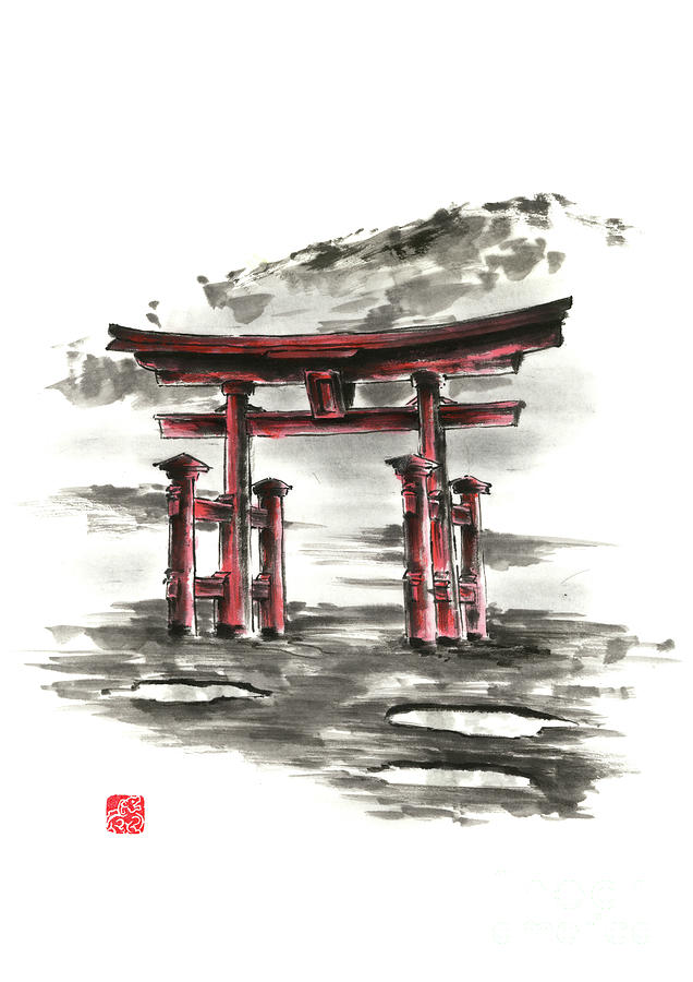 Japanese Torii Gate Painting, Torii Gate Ink Poster, Torii Gate Wall Decor Painting by Mariusz Szmerdt