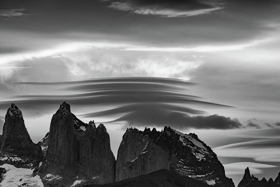 Torres del Paine in the evening with lenticular clouds , monochrome image Photograph by Mark Hunter