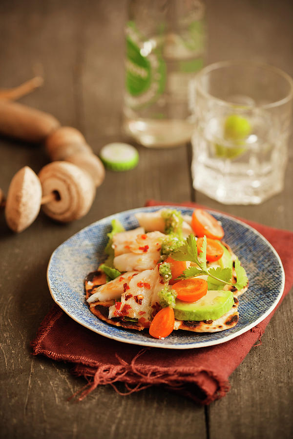 Tortilla With Fish, Avocado, Cherry Tomatoes And Tomatillo Salsa mexico Photograph by Colin Cooke