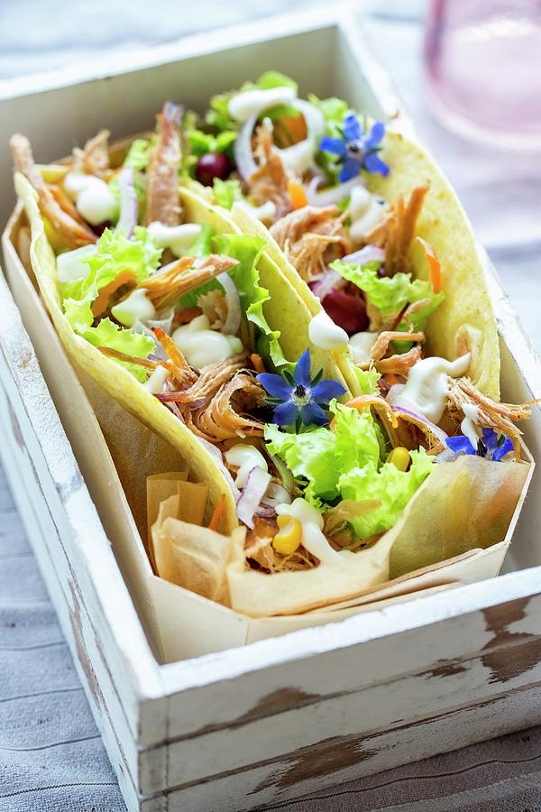 Tortillas Filled With Pulled Pork, Llettuce And Vegetables In A Wooden Crate Photograph by Sandra Krimshandl-tauscher