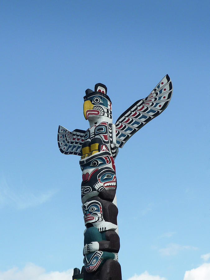Pole Photograph - Totem Pole And Blue Sky Vancouver by Kim Rogerson