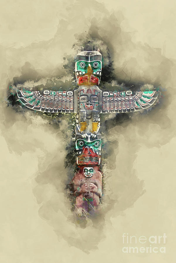 Totem pole watercolor Painting by Delphimages Photo Creations